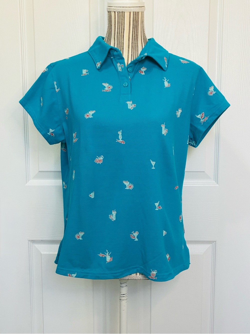 Columbia Pique PFG Polo Shirt Womens XL Blue Tropical Embroidery Casual Vacation